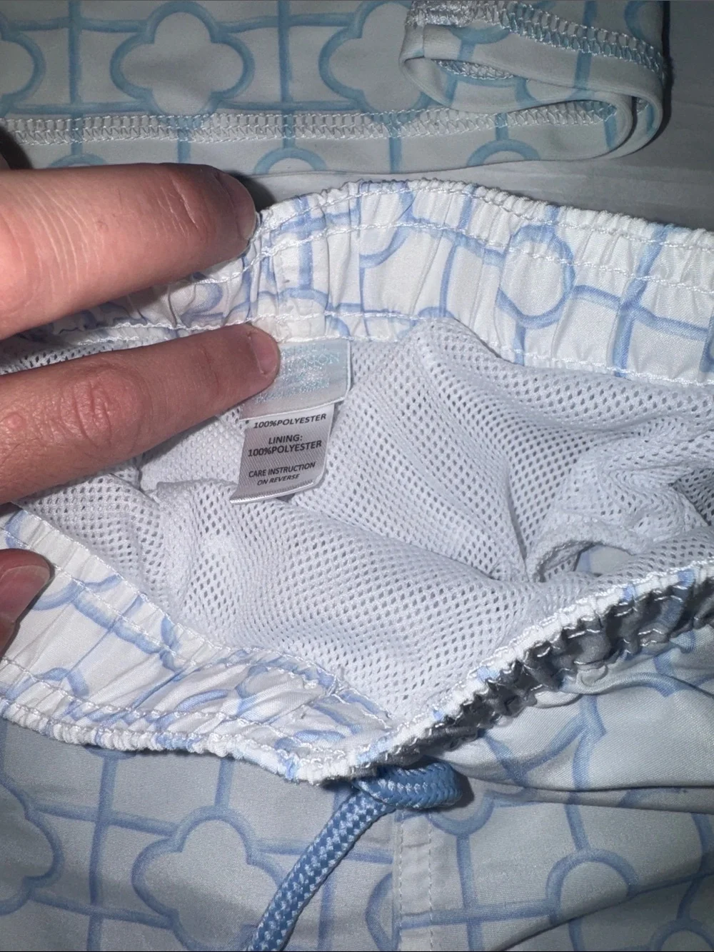 Edgehill Collection White & Baby Blue Geometric Kids Swim Trunks Set